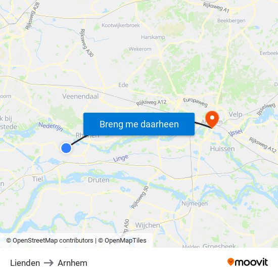 Lienden to Arnhem map