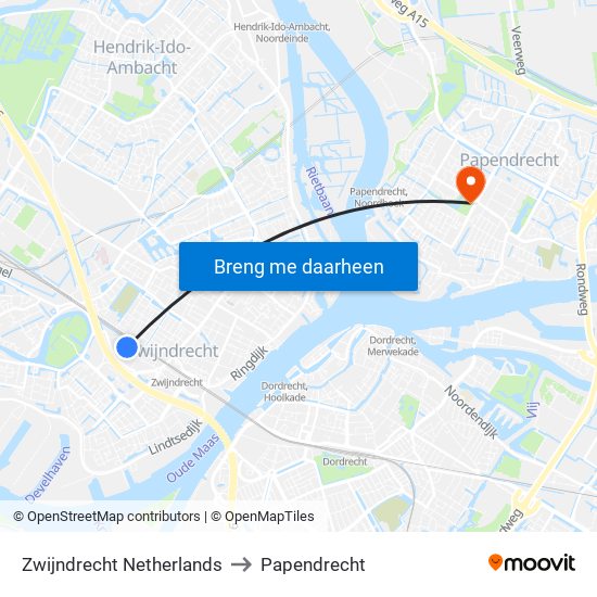 Zwijndrecht Netherlands to Papendrecht map