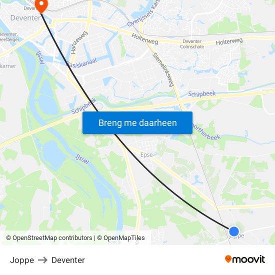 Joppe to Deventer map