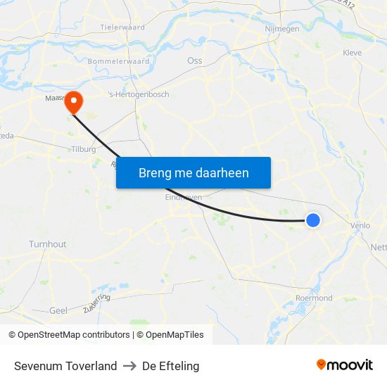 Sevenum Toverland to De Efteling map