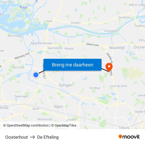 Oosterhout to De Efteling map