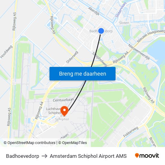 Badhoevedorp to Amsterdam Schiphol Airport AMS map
