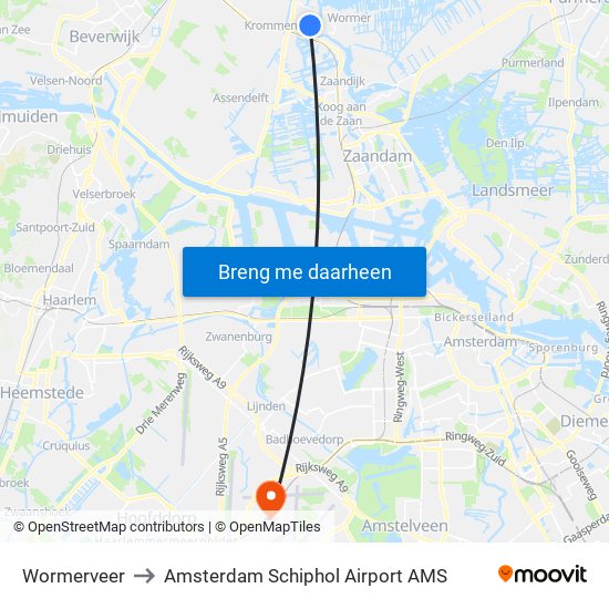 Wormerveer to Amsterdam Schiphol Airport AMS map