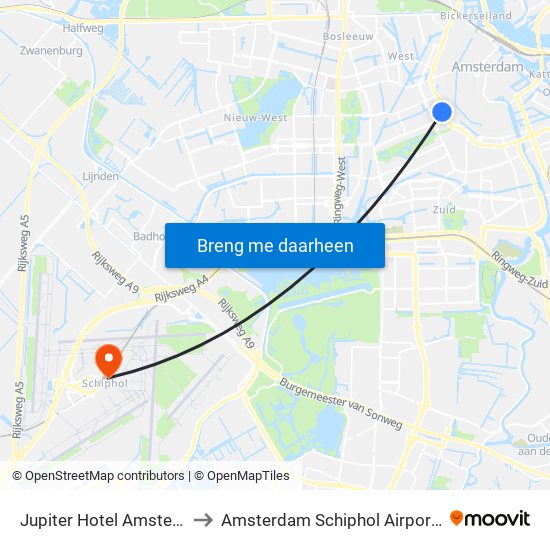 Jupiter Hotel Amsterdam to Amsterdam Schiphol Airport AMS map
