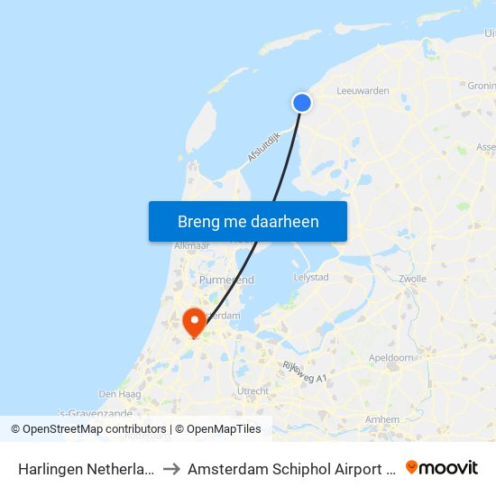 Harlingen Netherlands to Amsterdam Schiphol Airport AMS map