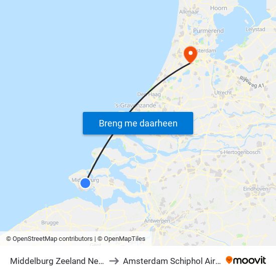 Middelburg Zeeland Netherlands to Amsterdam Schiphol Airport AMS map