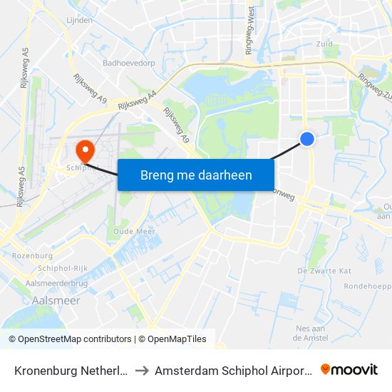 Kronenburg Netherlands to Amsterdam Schiphol Airport AMS map