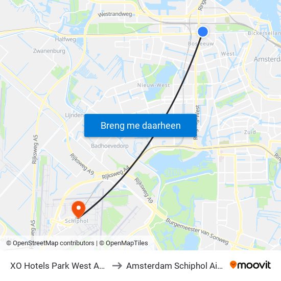 XO Hotels Park West Amsterdam to Amsterdam Schiphol Airport AMS map