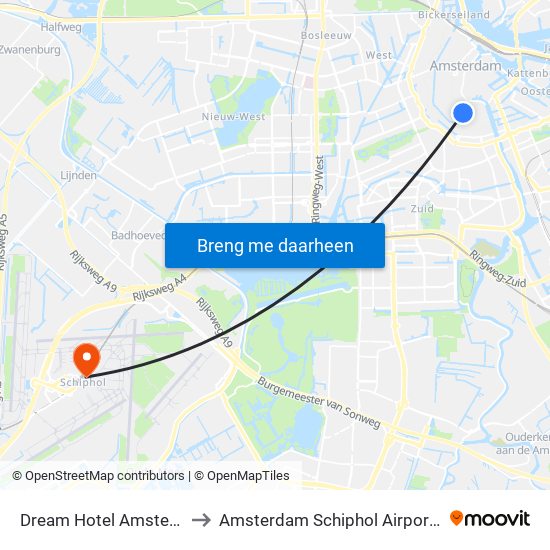 Dream Hotel Amsterdam to Amsterdam Schiphol Airport AMS map