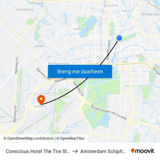 Conscious Hotel The Tire Station Amsterdam to Amsterdam Schiphol Airport AMS map