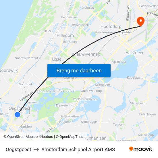 Oegstgeest to Amsterdam Schiphol Airport AMS map