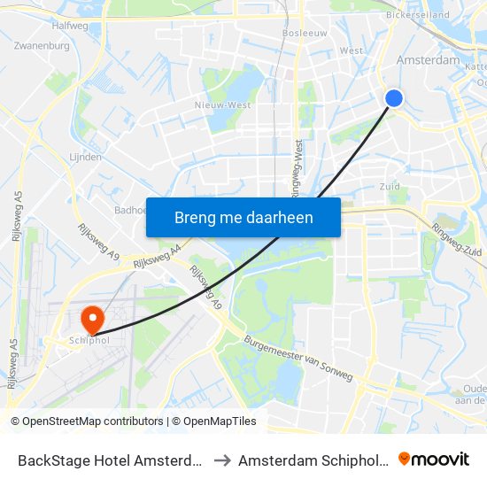 BackStage Hotel Amsterdam Netherlands to Amsterdam Schiphol Airport AMS map