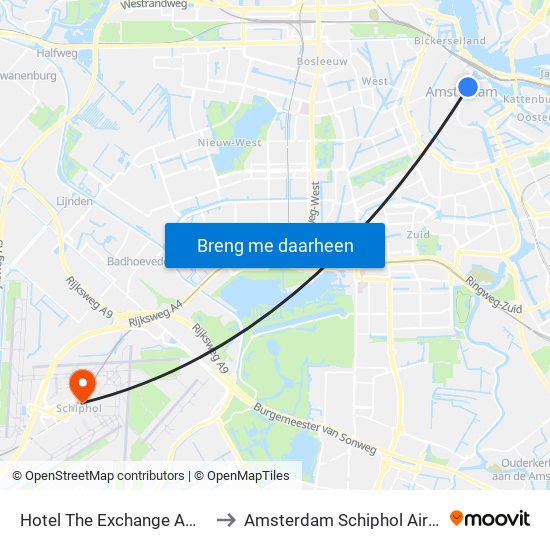 Hotel The Exchange Amsterdam to Amsterdam Schiphol Airport AMS map