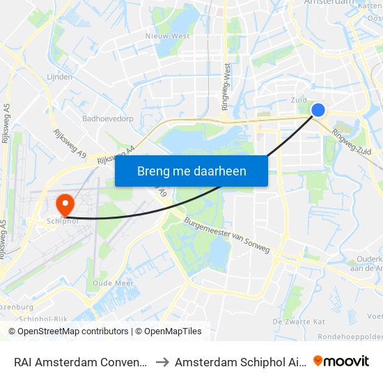 RAI Amsterdam Convention Centre to Amsterdam Schiphol Airport AMS map