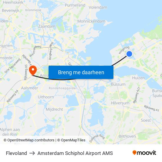 Flevoland to Amsterdam Schiphol Airport AMS map