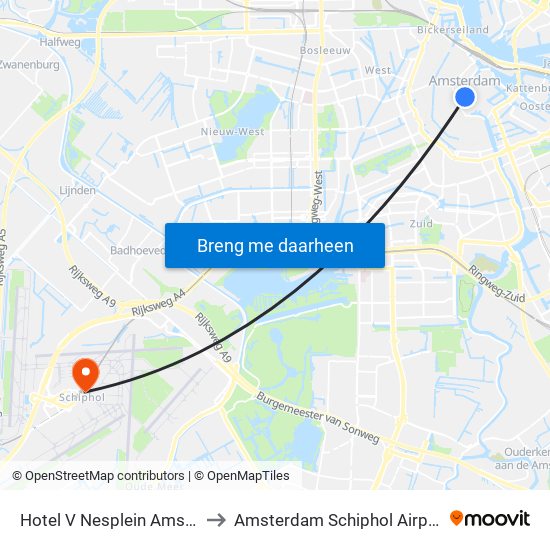 Hotel V Nesplein Amsterdam to Amsterdam Schiphol Airport AMS map