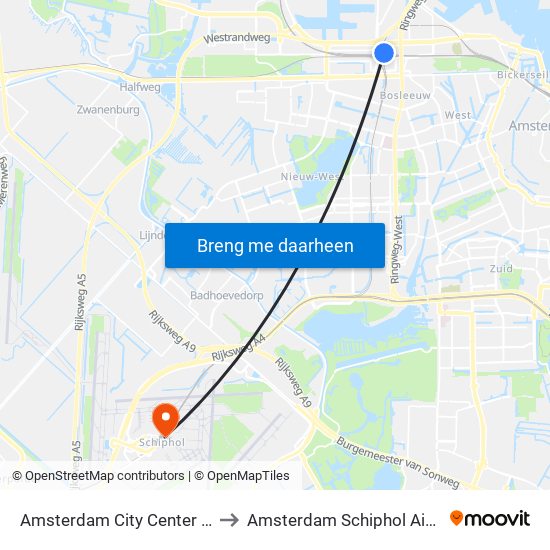 Amsterdam City Center Sloterdijk to Amsterdam Schiphol Airport AMS map