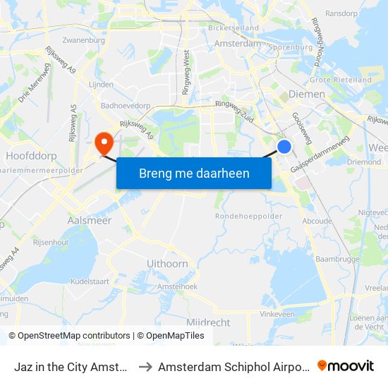 Jaz in the City Amsterdam to Amsterdam Schiphol Airport AMS map