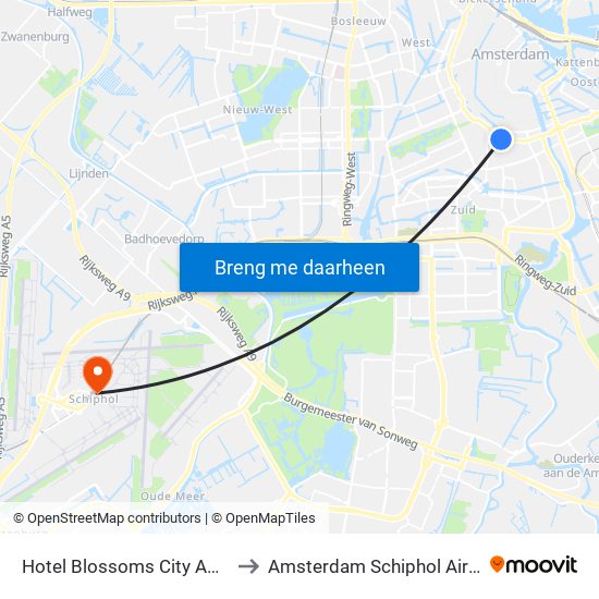 Hotel Blossoms City Amsterdam to Amsterdam Schiphol Airport AMS map