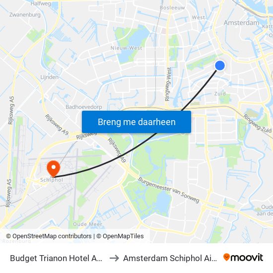 Budget Trianon Hotel Amsterdam to Amsterdam Schiphol Airport AMS map