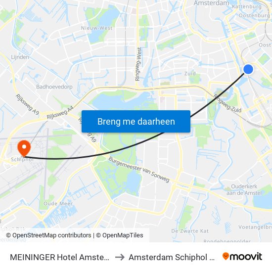 MEININGER Hotel Amsterdam Amstel to Amsterdam Schiphol Airport AMS map