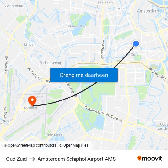 Oud Zuid to Amsterdam Schiphol Airport AMS map