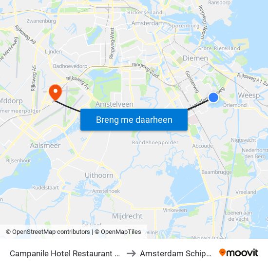 Campanile Hotel Restaurant Amsterdam Zuid Oost to Amsterdam Schiphol Airport AMS map