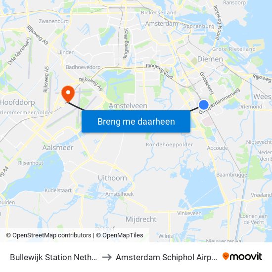 Bullewijk Station Netherlands to Amsterdam Schiphol Airport AMS map