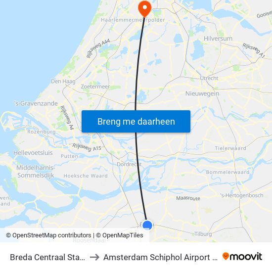 Breda Centraal Station to Amsterdam Schiphol Airport AMS map