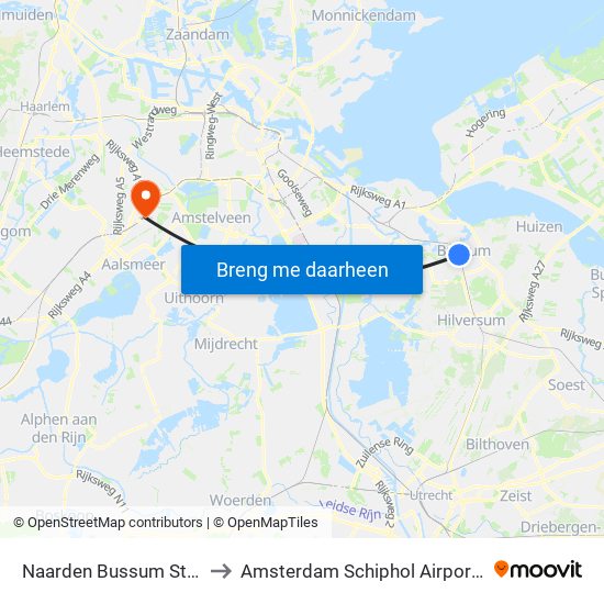 Naarden Bussum Station to Amsterdam Schiphol Airport AMS map