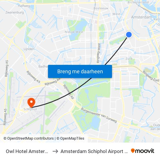 Owl Hotel Amsterdam to Amsterdam Schiphol Airport AMS map