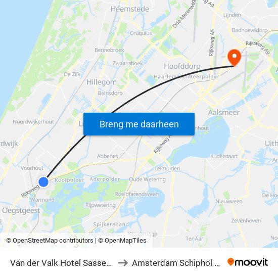 Van der Valk Hotel Sassenheim Leiden to Amsterdam Schiphol Airport AMS map