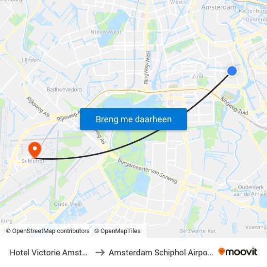 Hotel Victorie Amsterdam to Amsterdam Schiphol Airport AMS map