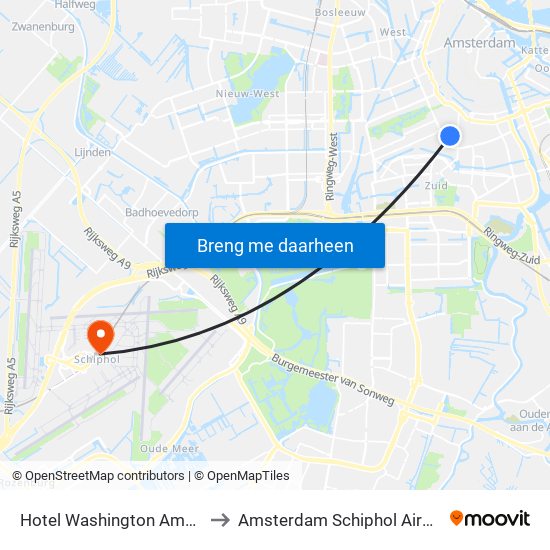 Hotel Washington Amsterdam to Amsterdam Schiphol Airport AMS map