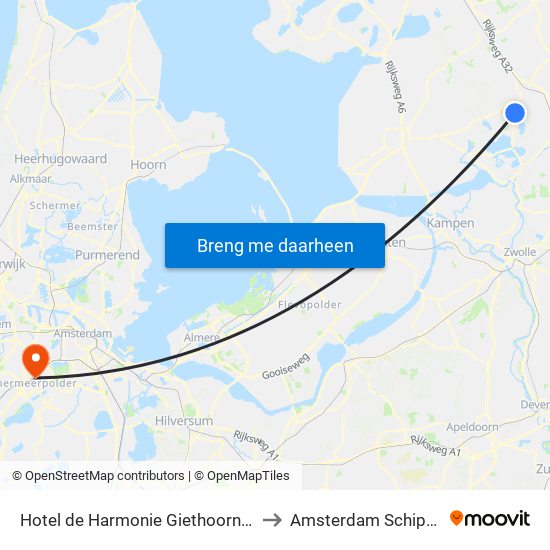 Hotel de Harmonie Giethoorn Overijssel Netherlands to Amsterdam Schiphol Airport AMS map