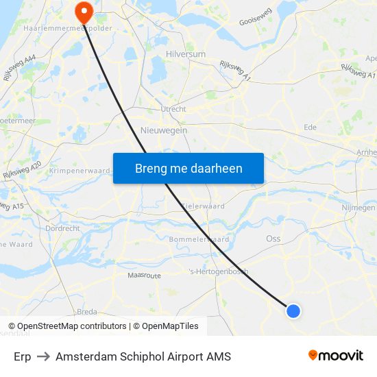 Erp to Amsterdam Schiphol Airport AMS map