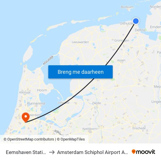 Eemshaven Station to Amsterdam Schiphol Airport AMS map