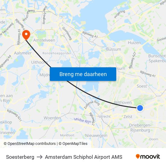 Soesterberg to Amsterdam Schiphol Airport AMS map