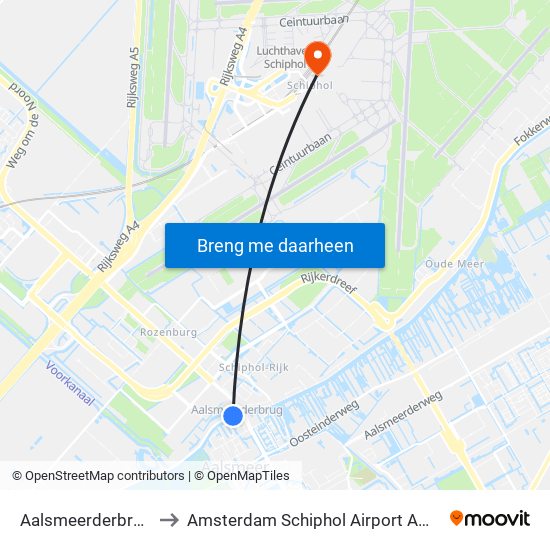 Aalsmeerderbrug to Amsterdam Schiphol Airport AMS map