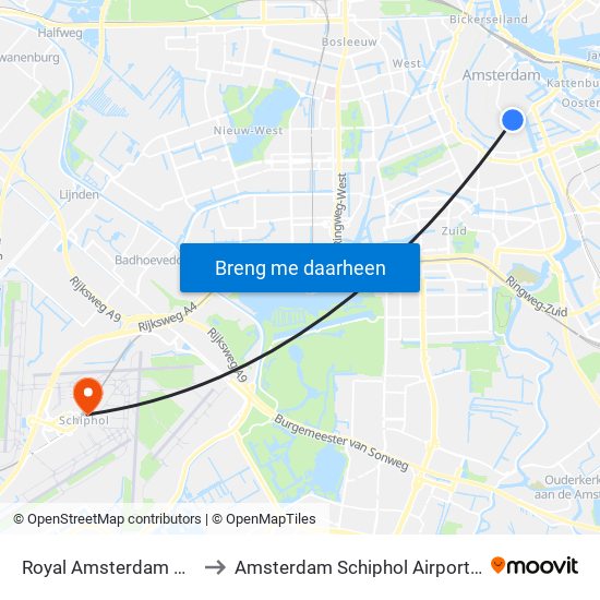 Royal Amsterdam Hotel to Amsterdam Schiphol Airport AMS map