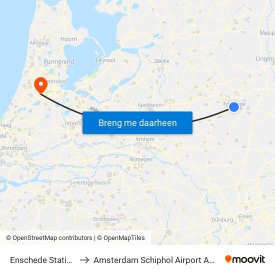 Enschede Station to Amsterdam Schiphol Airport AMS map