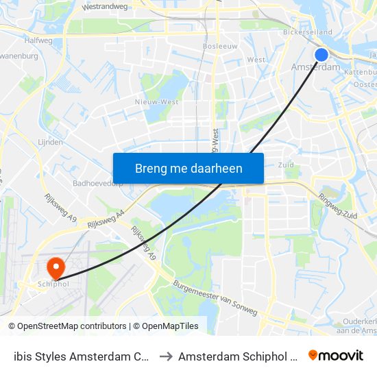 ibis Styles Amsterdam Central Station to Amsterdam Schiphol Airport AMS map