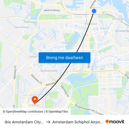 ibis Amsterdam City West to Amsterdam Schiphol Airport AMS map