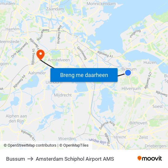 Bussum to Amsterdam Schiphol Airport AMS map