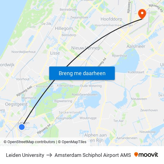 Leiden University to Amsterdam Schiphol Airport AMS map