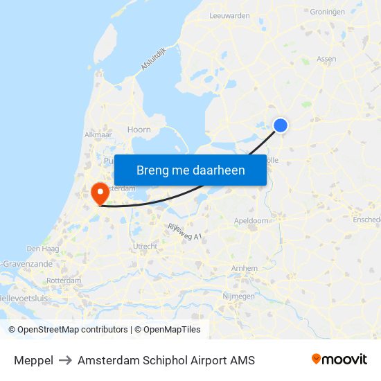 Meppel to Amsterdam Schiphol Airport AMS map