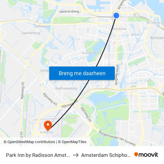 Park Inn by Radisson Amsterdam City West to Amsterdam Schiphol Airport AMS map