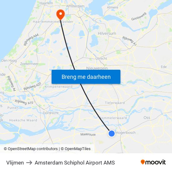 Vlijmen to Amsterdam Schiphol Airport AMS map