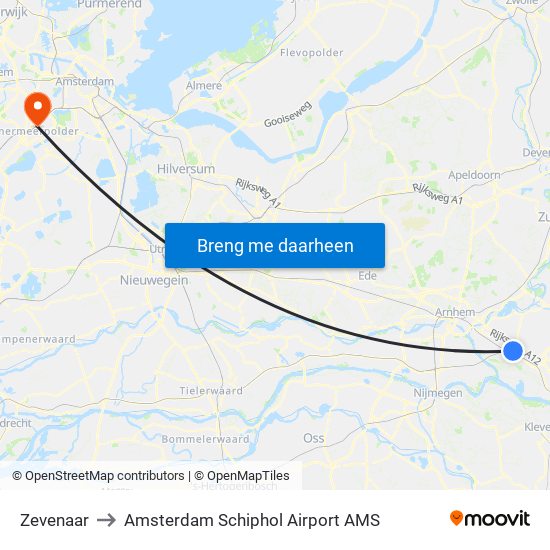 Zevenaar to Amsterdam Schiphol Airport AMS map