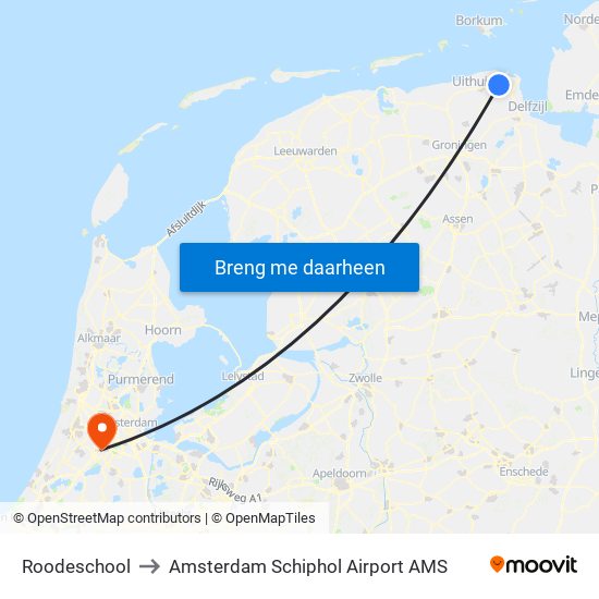 Roodeschool to Amsterdam Schiphol Airport AMS map